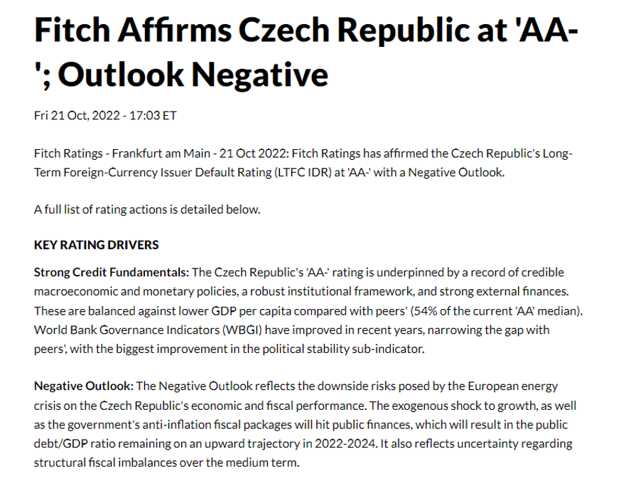 Agentura Fitch potvrdila rating ČR