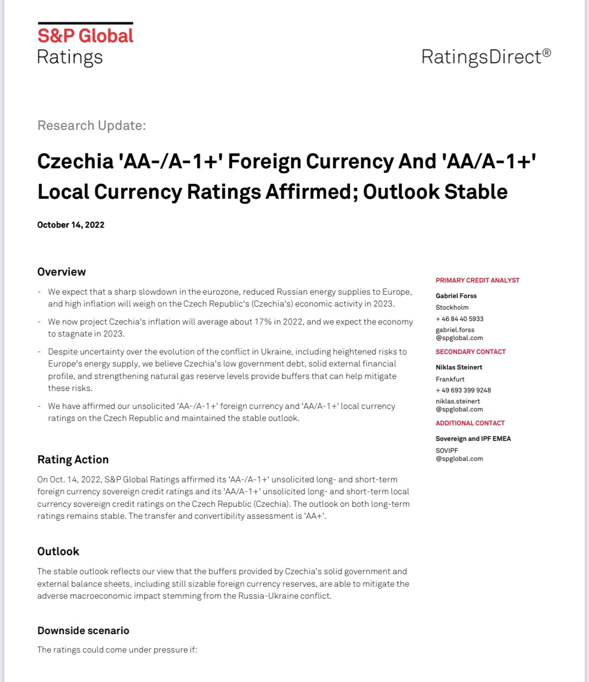 Agentura S&P potvrdila rating ČR